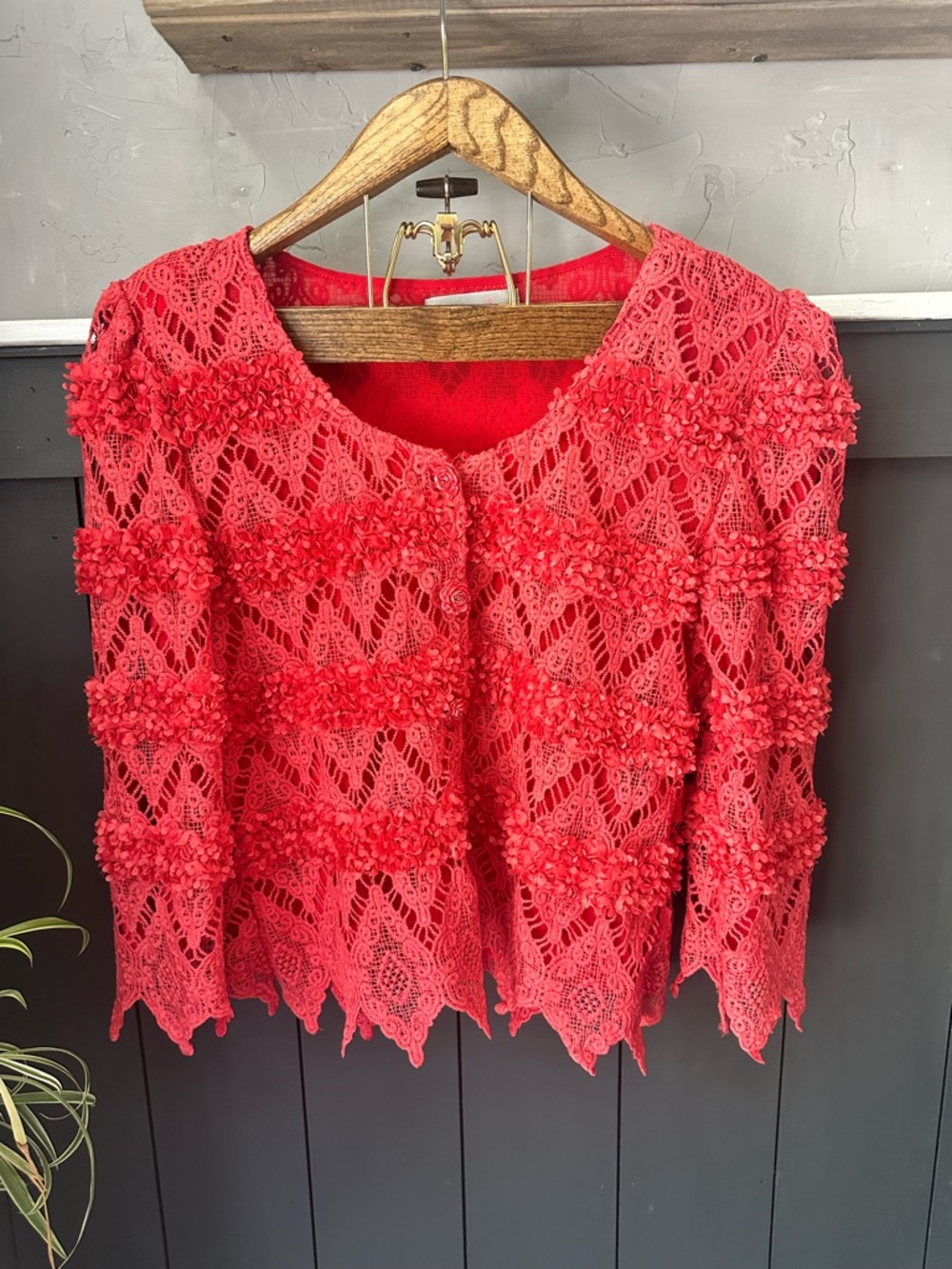 Pretty Angel Boho Crochet Lace Topper Jacket Size Large Coral Red Embellished